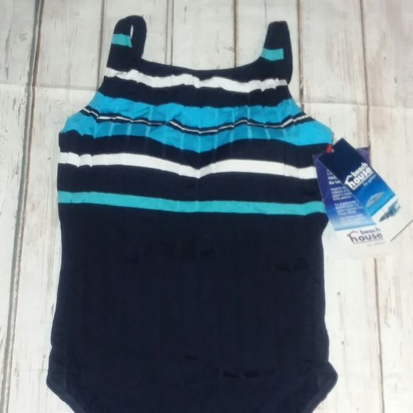 Beach House By Gabar High-Neck Navy Swimsuit Sz.14 - Picture 2 of 7